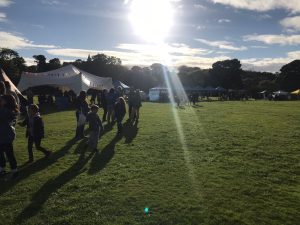 Sunlight and grass with people walking and stalls in the background 